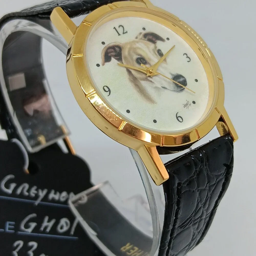 Greyhound 33mm Women's Gold Tone Black Leather Band Dog Watch